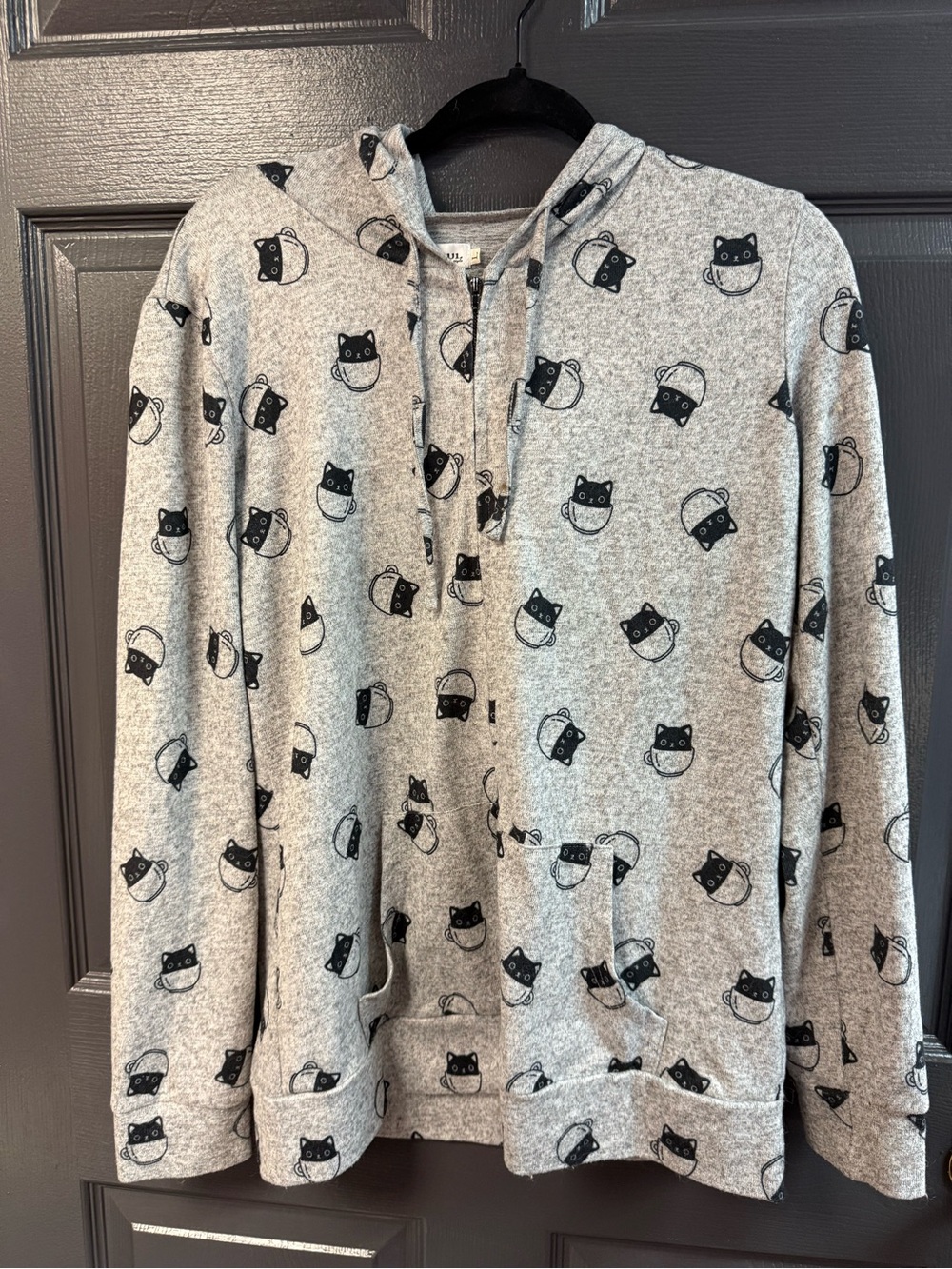Gray Cat-Print Hooded Pullover Sweatshirt